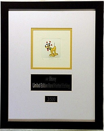 Licenced Disney Etchings Pluto: Licenced Disney Etchings "Pluto" hand colored, Limited Edition, comes in Beautiful custom matt & frame, approx dimension 14"x18".