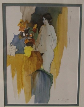 "STANDING NUDE" by ITZCHAK TARKAY: Original, Watercolor Lithograph, Signed by the artist, Framed and Matted, Approximately 20 x 18 In.