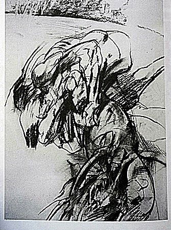 Offset Lithograph by artist William Brice (27WB): Offset Lithograph in the manner of William Brice bearing the signature, titled "Two Figures and Root" comes with certificate of authenticity, framing available at an additional charge.