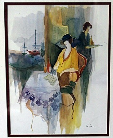 "SITTING BY THE WINDOW" by ITZCHAK TARKAY: Original, Watercolor Lithograph, Signed by the artist, Framed and Matted, Approximately 19 1/2 x 17 In.
