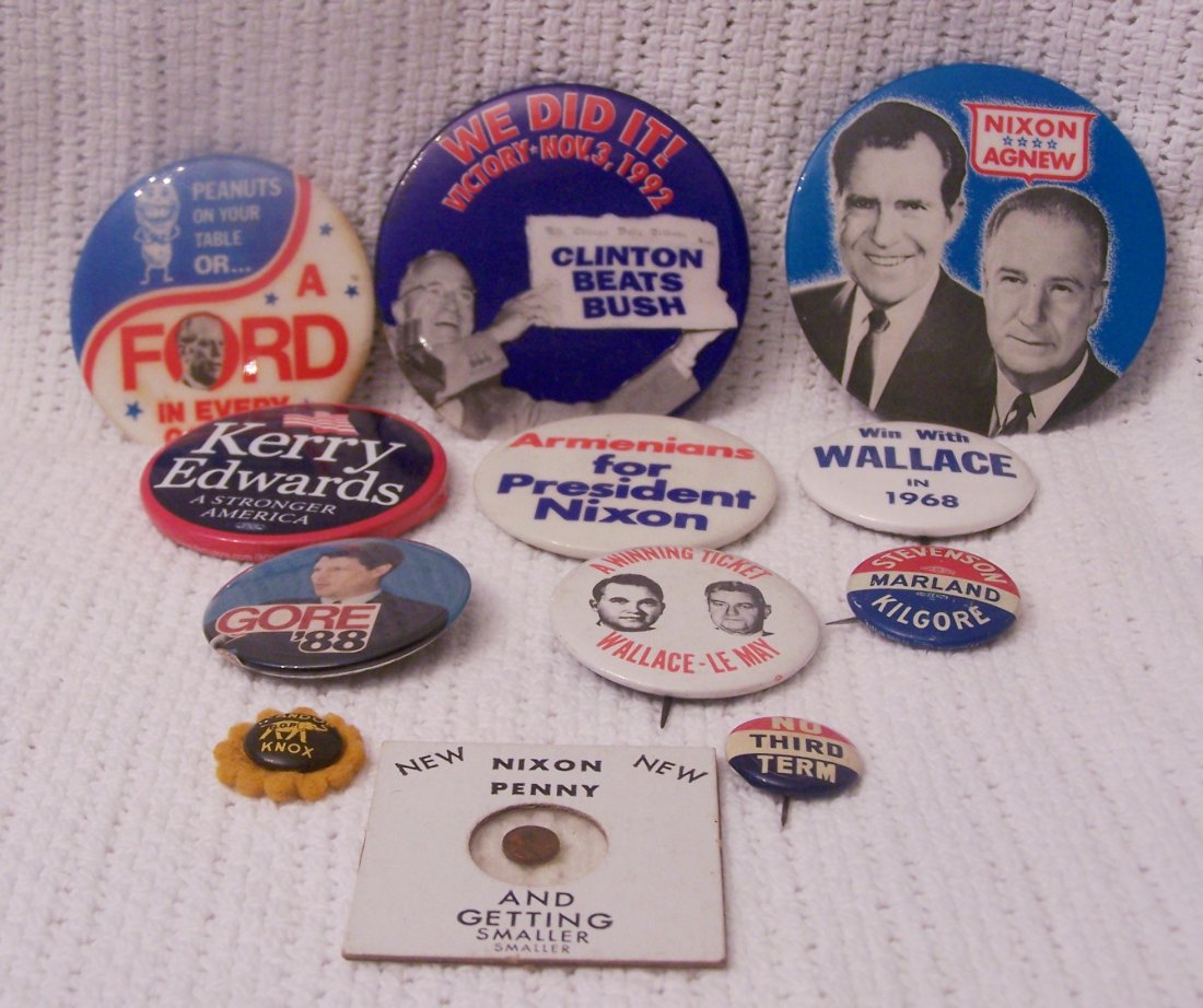 Lot of 11 Political Pins and a Nixon Penny: This is a lot of 11 Political Pins. Included are the 1936 Landon - Knox Elephant Flower Pin, 1941 Wilkie No More Third Term Pin that refers to FDR's bid for a third term, 1952 Adlae Stevenson, 1968 Ni