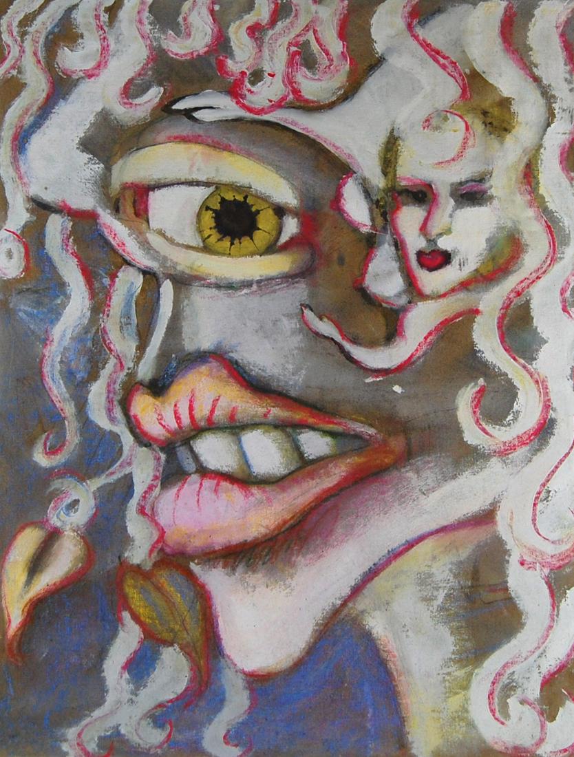 Surreal Contemporary Woman Lips & Eyes Acrylic Paint: Surreal Lips and Eyes Painting, 1980's to 1990's Medium: Acrylic on canvas.