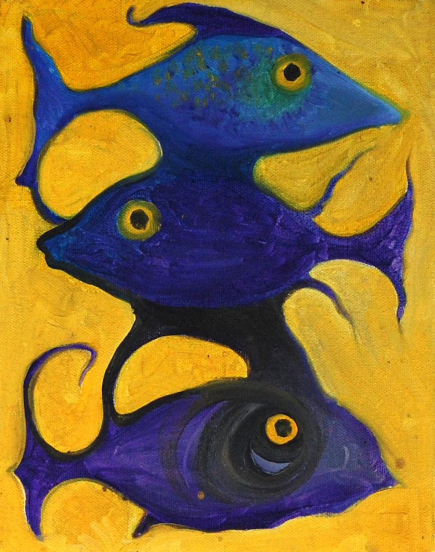 Three Blue Surreal Fish Contemporary Modern Acrylic (1 of 2)