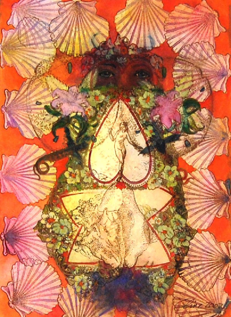 Cline Surreal Womanhood & Seashells Watercolor On Paper: Signed Cline, Surreal Woman 2002 Medium: watercolor on paper
