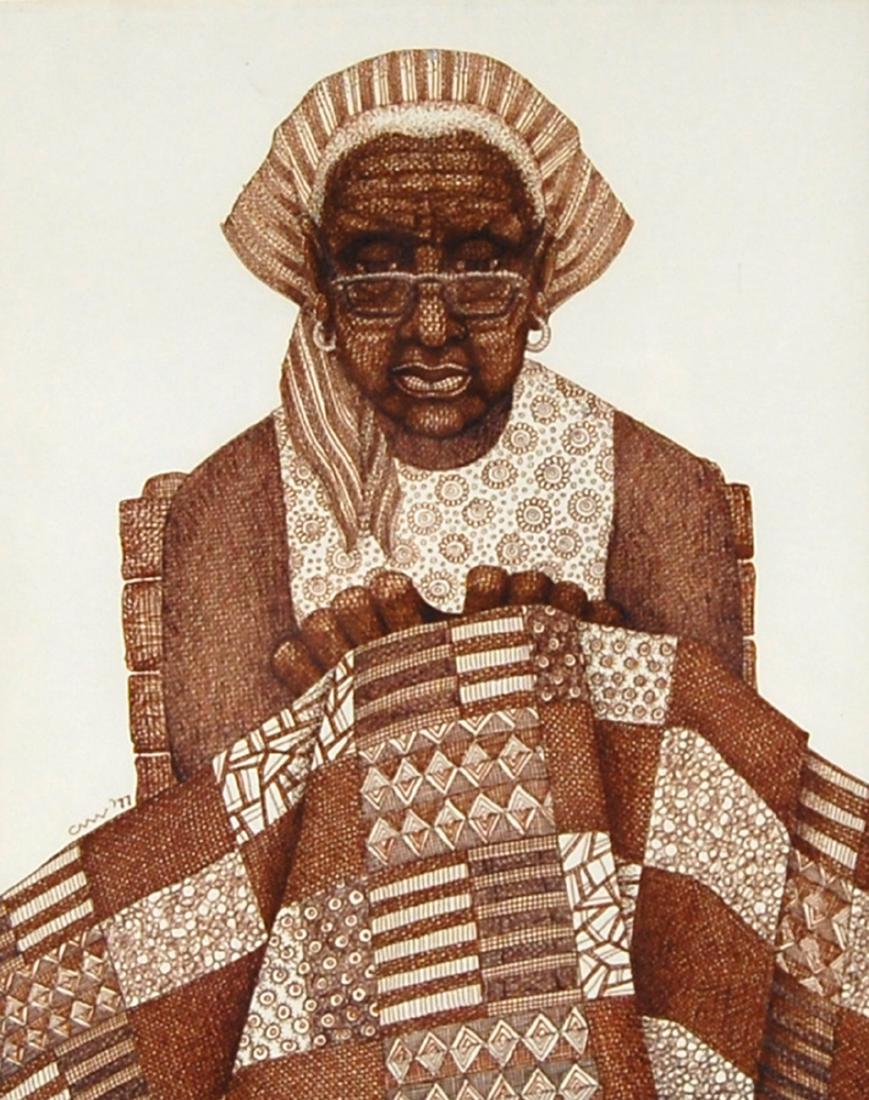 Elderly Woman Quilting Ink Drawing on Paper (1 of 4)