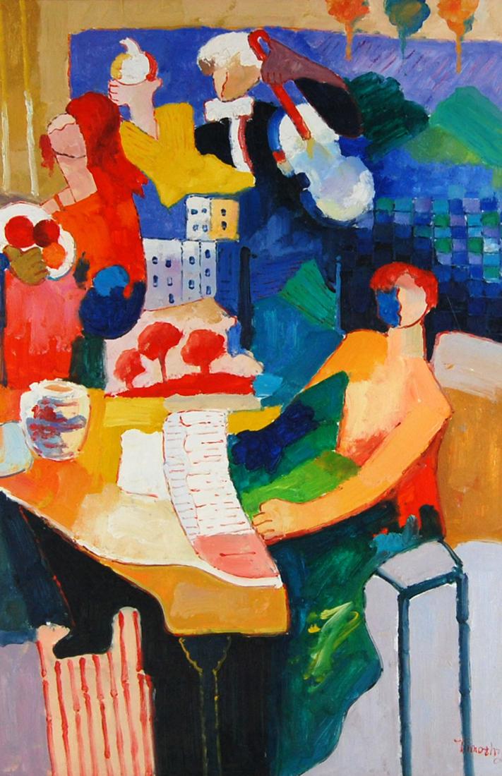Abstract Expressionism Surreal City Musicians Oil Paint: Abstract Expressionism Surreal City Musicians Oil Paint signed Timothy. Medium: Oil paint