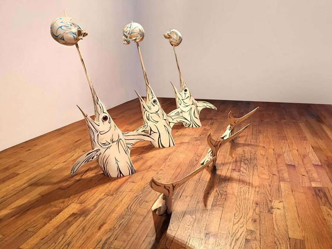 Calen Blake "Babylon Rising" Skull Swordfish Sculpture: Calen Blake "Babylon Rising" Installation, 2015 Artist: Combining an graphic/urban ae