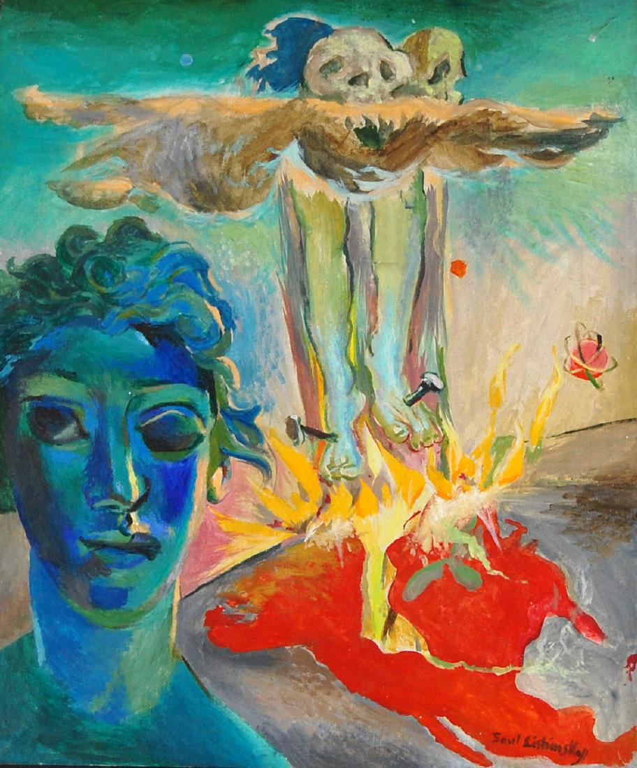 Saul Lishinsky Earth's Destruction Surreal Acrylic: Saul Lishinsky painting, "Surreal" 1950's to 1960's. Artist: He was born in 1922, raised in the Bronx, and h