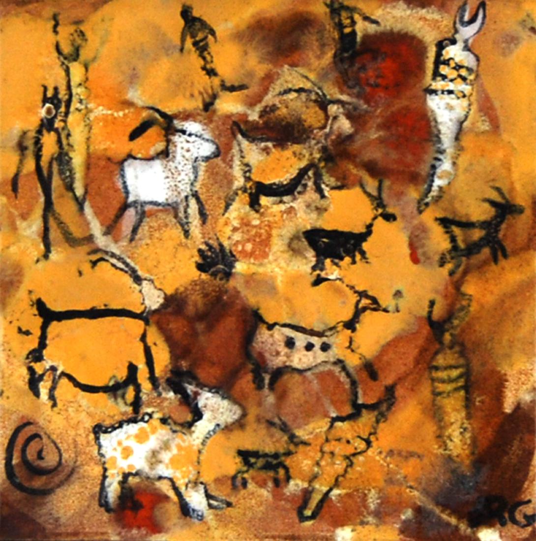 Ceramic Glazed Abstract Contemporary Cave Painting Tile: Ceramic Glazed Abstract Contemporary Cave Painting Tile, signed RG. Medium: Glazed ceramic tile