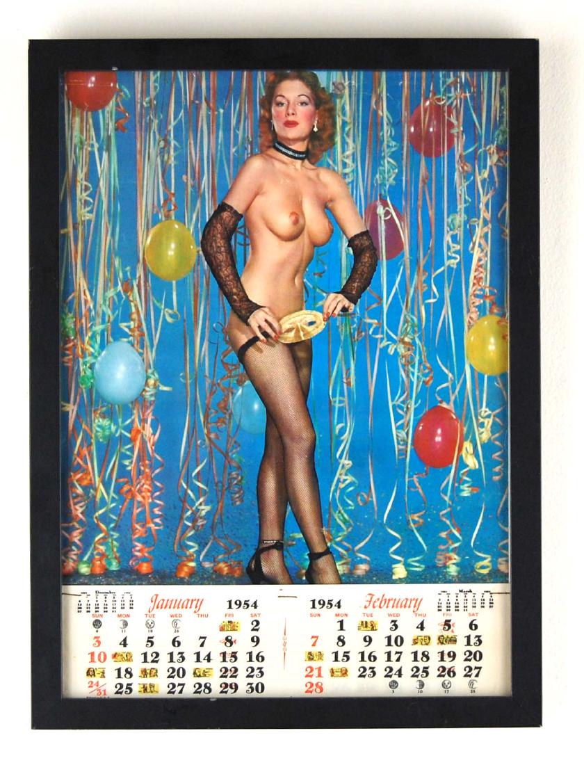 1954 Cheesecake Pin-Up Redhead Nude Lithograph Calendar: Original 1954 Cheesecake Pin Up Redhead Nude Lithograph Calendar framed Pin Up: A pin-up model (known as a p