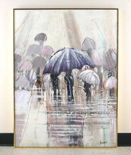 Mario De Ferrante Rain Umbrellas Expressionist Oil: Mario De Ferrante Rain Umbrellas Expressionist Oil Medium:Oil paint on canvas. Dimensions: 40"H x 30"w x 1.5"d Terms and conditions: All items within this auction are original and come directly