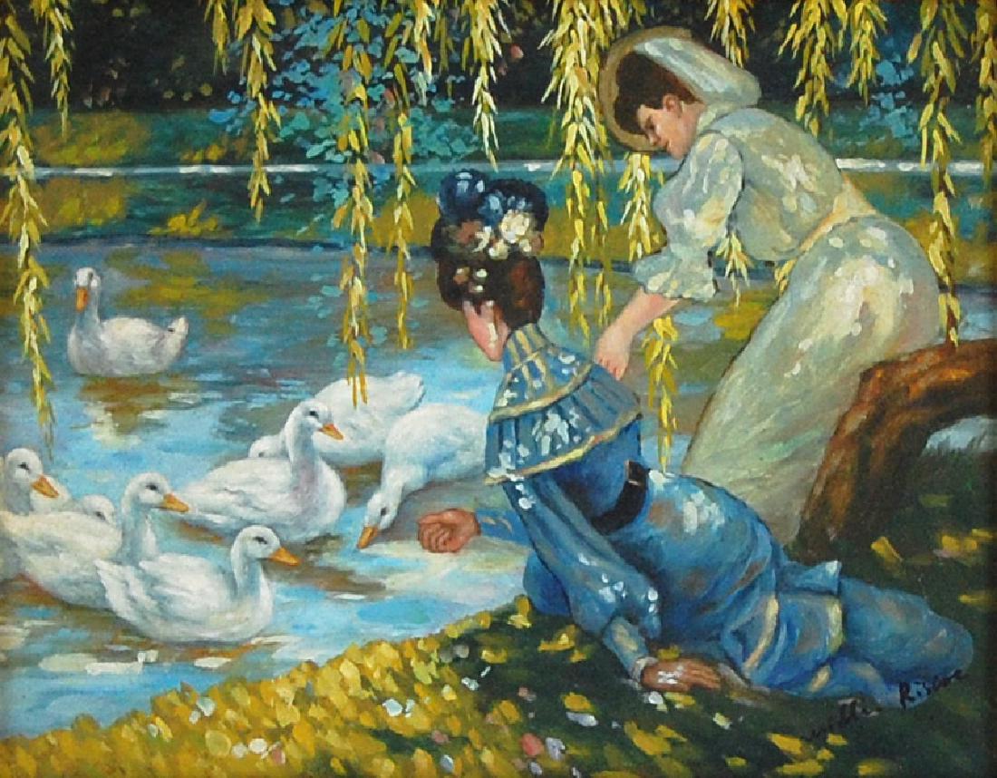 Riscoe Ladies Feeding Ducks Post-impressionist Oil (1 of 6)
