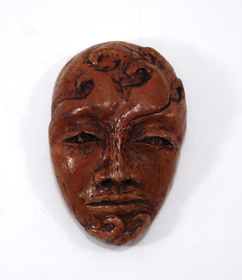 Contemporary Brown Clay Man Wavy Hair Sculpture Face: Signed CP Brown Clay Sculpture Face, Year unknown. Medium: Glazed Clay.