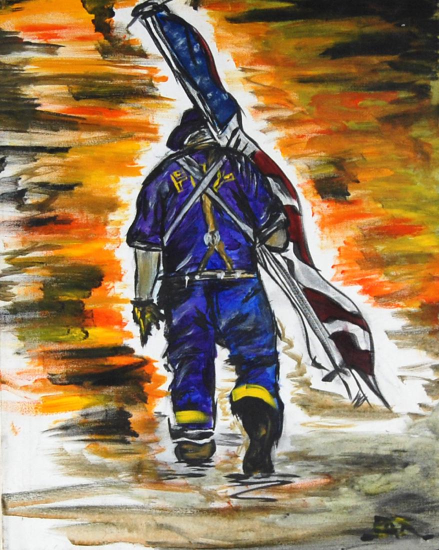 Hero Fire Fighter With American Flag Contemporary (1 of 3)