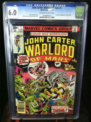 John Carter Warlord Of Mars #1 June 1977 CGC Graded 6.0: Certification #: 0205084014 Title: John Carter, Warlord of Mars Issue: 1 Issue Date: 6/77 Issue Year: 1977 Publisher: Marvel Comics Grade: 6.0 Page Quality: OFF-WHITE TO WHITE Grade Date: 02/06/2013 A