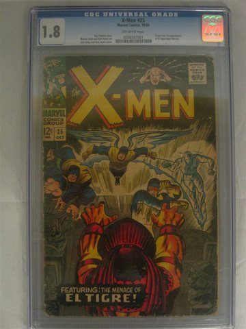 X-Men #25 October 1966 CGC Graded 1.8: Certification #: 0206587001 Title: X-Men Issue: 25 Issue Date: 10/66 Issue Year: 1966 Publisher: Marvel Comics Grade: 1.8 Page Quality: OFF-WHITE Grade Date: 02/21/2013 Art Comments: Roy Thomas story.
