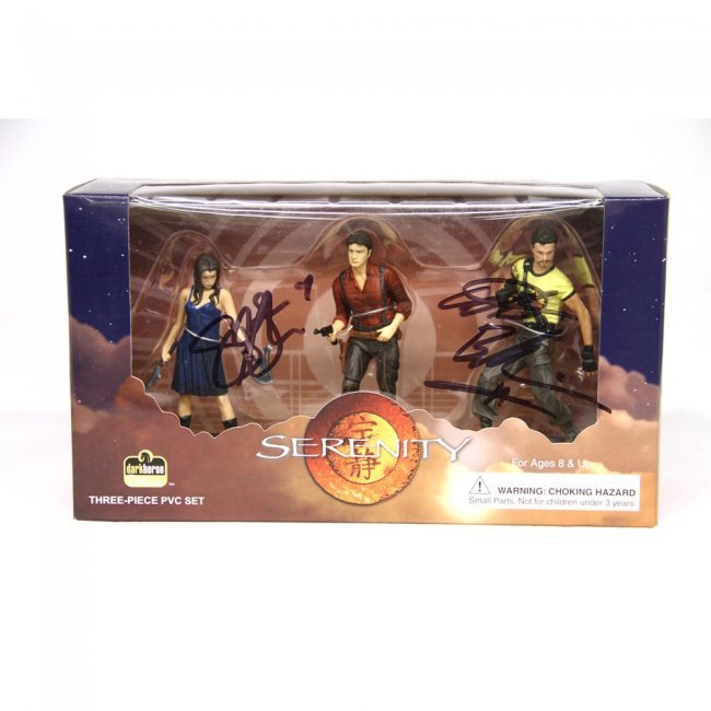 Summer Glau & Adam Baldwin Signed Serenity Figure Set: Serenity Three Piece PVC Action Figure Set Featuring River, Mal, & Jayne Manufacturer: Dark Horse Deluxe Measurements: 4.5 inches Signed by Summer Glau and Adam Baldwin during their visits to The Geek