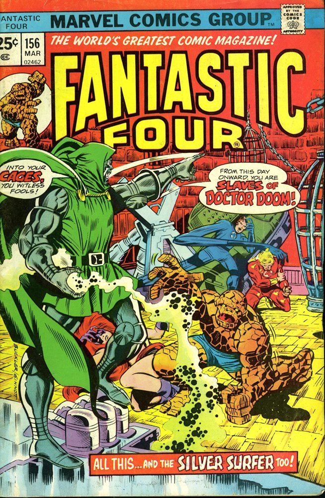 Marvel Comic Group: Fantastic Four #156 1975: "Middle Game", Volume 1 #156, March 1975 Publisher: Marvel Comics Group Guest-starring the Silver Surfer. Script by Roy Thomas and Len Wein. Art by Rich Buckler (breakdowns) and Joe Sinnott (finishes)