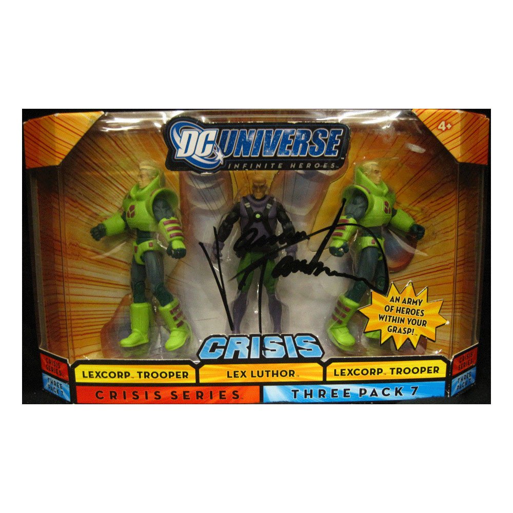 James Marsters Signed Crisis 3-Piece 4" Action Figures: Signed by James Marsters during his visit to The GeekRoom at Wizard World New York 2013. James Marsters provided the voice for Lex Luthor in the Superman: Doomsday animated movie as well DC Universe O