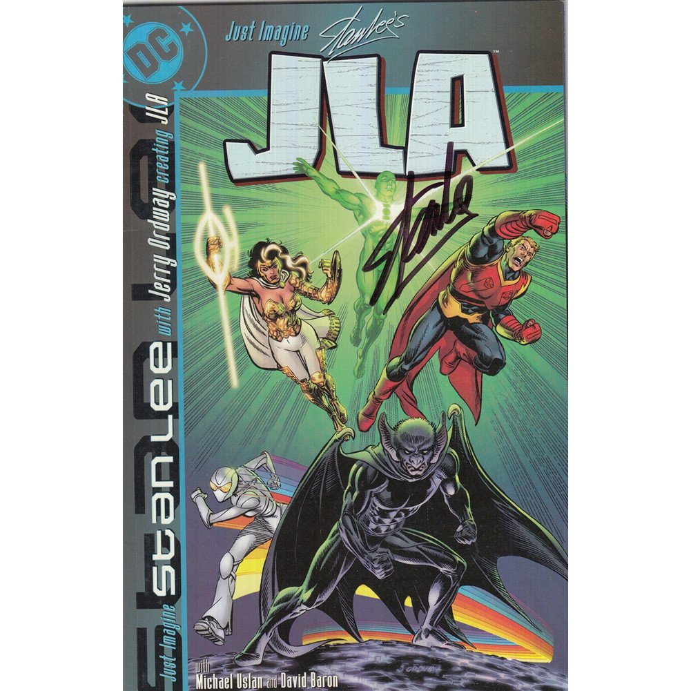 Stan Lee Signed Just Imagine Justice League Comic: Signed by Stan Lee during his visit to The GeekRoom at Wizard Wolrd Philadelphia 2013. Publisher: DC Comics Writer: Stan Lee Cover: Adam Huges Colorist: David Baron The DC heroes re-imagined by Stan L