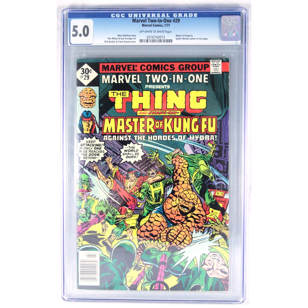 Marvel The Thing & Shang Chi #29 1977 CGC GRADED 5.0: 2-IN-1 Issue Grade Date: 09/27/2013 Certification Number: 0216740013 Story & Art: Marv Wolfman story. Ron Wilson & Sam Grainger art. Rich Buckler & Frank Giacoia cover. Comments: Spider-Woman cameo on