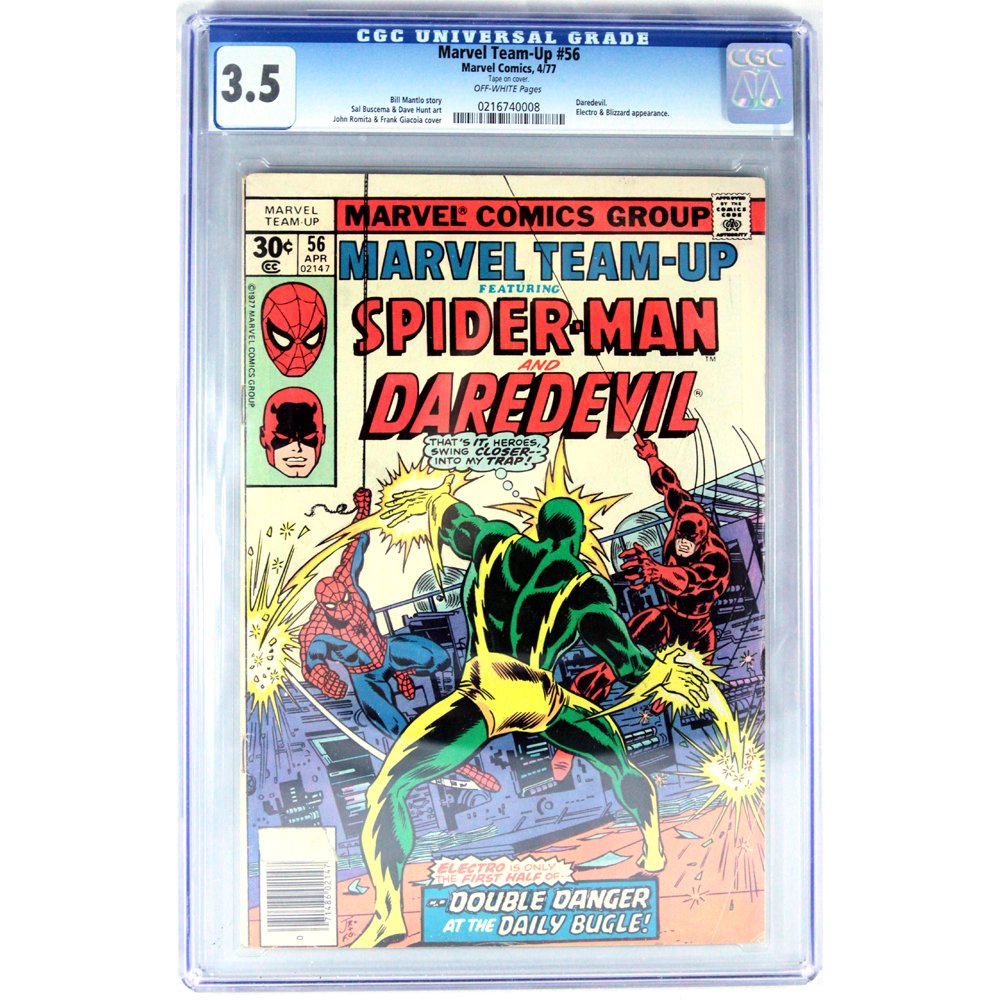 Marvel #56 Spider-Man & Daredevil 1977 CGC Graded 3.5: CGC Graded 3.5 Comic Certification Number: 0216740008 Grade Date: 09/27/2013 Story & Art: Bill Mantlo story. Sal Buscema & Dave Hunt art. John Romita & Frank Giacoia cover. Comments: Electro & Blizzar