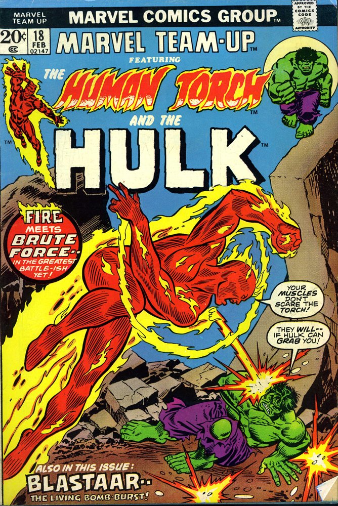 Marvel Team up: Human Torch & the Hulk #18 1974: "Where Bursts the Bomb!" Marvel Team-Up is the name of several American comic book series published by Marvel Comics. The series featured two or more Marvel characters in one story. Johnny Storm is th