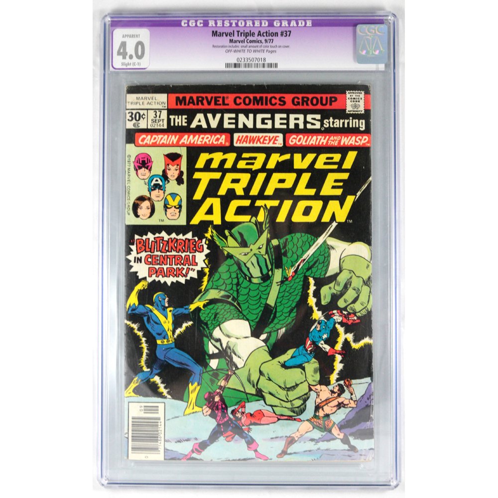 Marvel Triple Action #37 9/77 CGC Graded 4.0: Editor-in-Chief Stan Lee. Cover artists John Buscema, Vince Colletta, Stan Goldberg and Sam Rosen. Featured characters: the Avengers including Thor, Iron Man, Captain America, Goliath, Wasp, Hawkeye, 