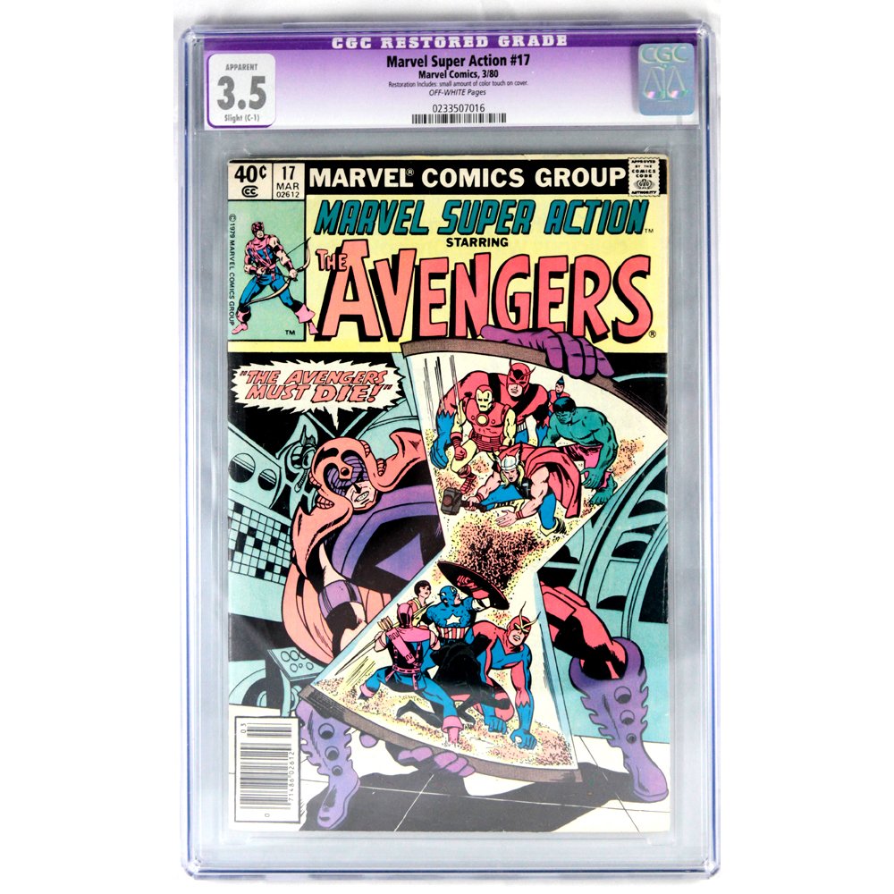 Marvel Super Action #17 3/80 CGC Graded 3.5: Editor-in-Chief Jim Shooter. Cover artists Don Heck, Werner Roth, Binve Colletta and Sam Rosen. Editors Stan Lee & Danny Fingeroth. Featured characters: The Avengers including Captain America, Hawkeye