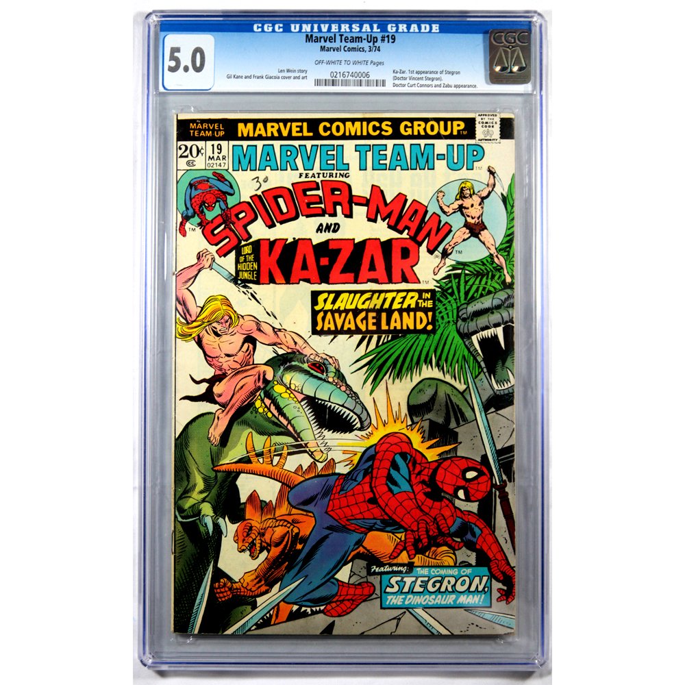 Marvel Team-Up #19 3/74 CGC Graded 5.0: Marvel Team-Up Featuring Spider-Man and Ka-Zar Editor-in-Chief Len Wein. Cover artists Gil Kane, Frank Giacoia and Danny Crespi. Featured characters Spider-Man aka Peter Parker and Ka-Zar aka Kevin Re