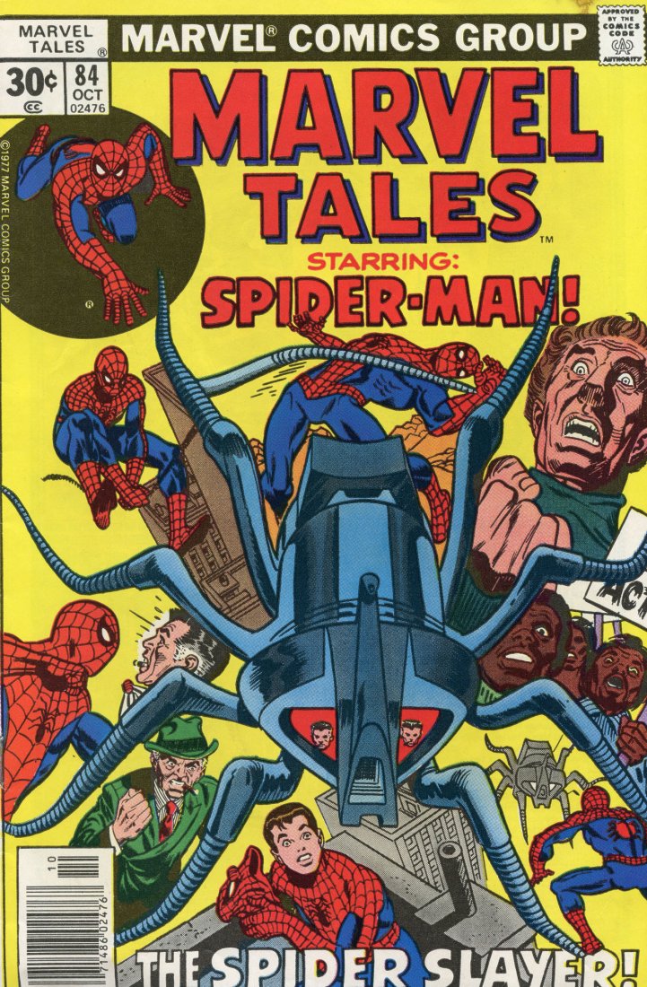 Marvel Tales Starring Spider-Man Issue 84 October 1977: Created by writer-editor Stan Lee and writer-artist Steve Ditko, Spider-Man first appeared in Amazing Fantasy #15 (cover-dated Aug. 1962). Lee and Ditko conceived the character as an orphan being rais