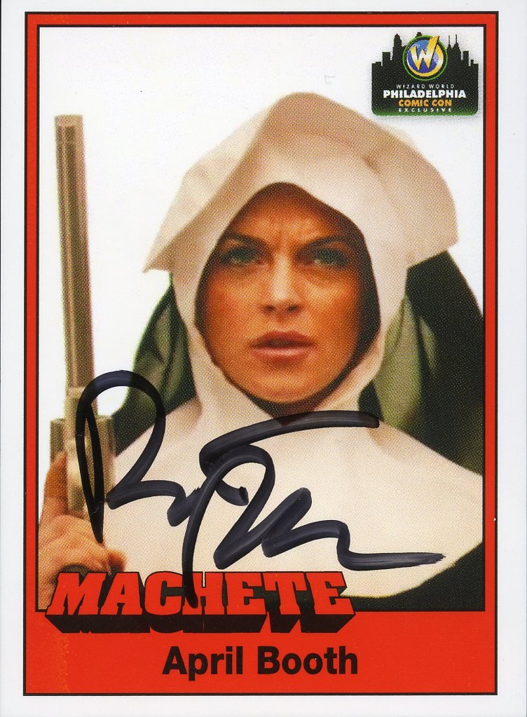 Robert Rodriguez Signed Machete Promo Card(Mint): Robert Rodriguez Signed Lindsey Lohan as April Booth from Machete exclusive Wizard World Philadelphia Comic Con Promo Card.