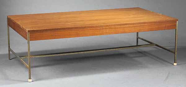 George Nelson Mahogany and Chrome Coffee Table: A George Nelson Mahogany and Chrome Coffee Table, c. 1955, manufactured by Herman Miller, "Designed by George Nelson, Herman Miller Zeeland, Mich" metal label, height 15 in., width 48 in., depth 27 in