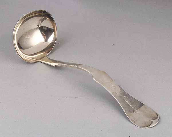 American Coin Silver Punch Ladle, Duhme & Co.: An American Coin Silver Punch Ladle, 19th c., Duhme & Co., Cincinnati, plain upturned fiddle tipped handle with shoulders, large elliptical bowl, engraved "Lucy Duckworth" in script on the upper face