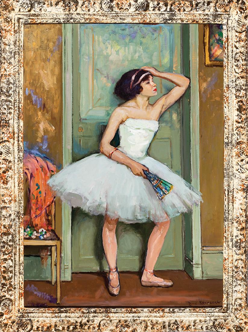 Louis Kronberg (American, 1872-1965): Louis Kronberg (American, 1872-1965), "Dancer in White", 1929, oil on canvas, signed lower right, dated lower left, monogrammed "L [Star of David] K" upper left, signed, titled, Star of David, custom'