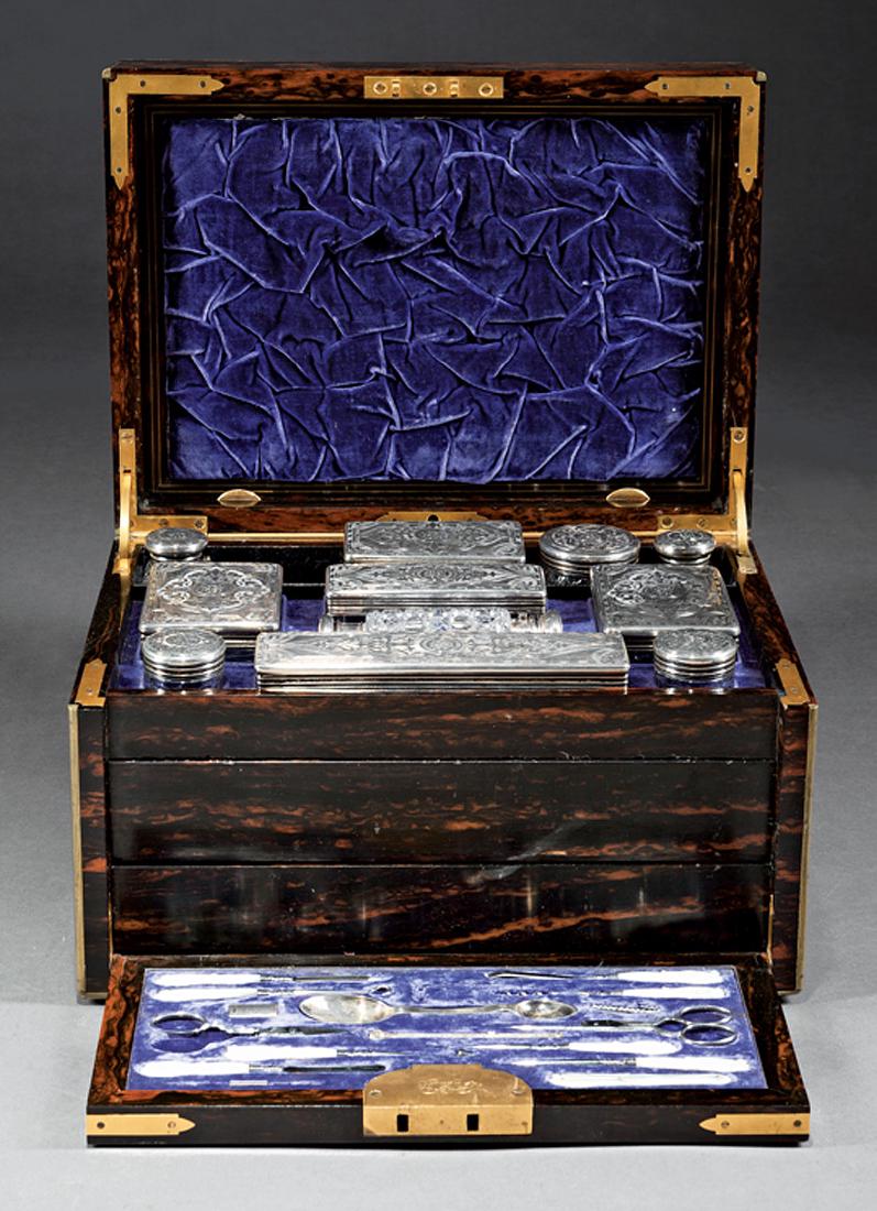 Rosewood Necessaire de Toilette ret. Tiffany: Antique English Rosewood Necessaire de Toilette, mid-19th c., ret. Tiffany & Co., New York, extensively fitted with sterling silver mounted accoutrements, hallmarked Thomas Johnson, London, 1865, all