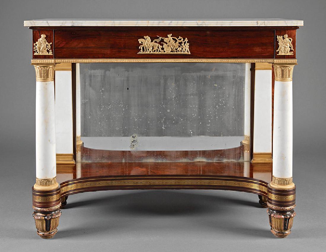 Marble and Rosewood Pier Table attr. Phyfe: Important American Classical Brass Inlaid Ormolu-Mounted Marble and Rosewood Pier Table, early 19th c., attr. to Duncan Phyfe, New York, frieze with classical mounts, columnar supports with palmette c