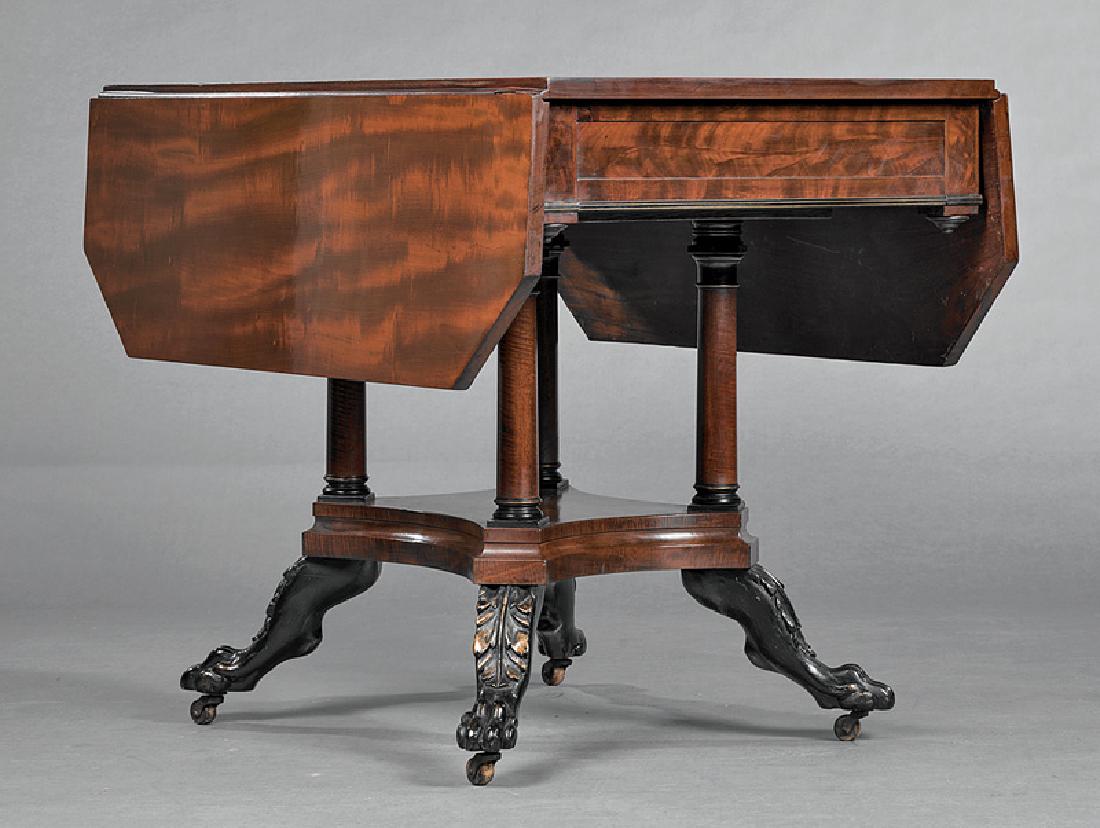 Ebonized, Gilded Mahogany Drop-Leaf Table attr. Phyfe: American Classical Bronze-Mounted, Ebonized and Gilded Mahogany Drop-Leaf Table, early 19th c., attr. to Duncan Phyfe, New York, shaped drop leaf top, frieze drawer, columnar supports, incurvate plint