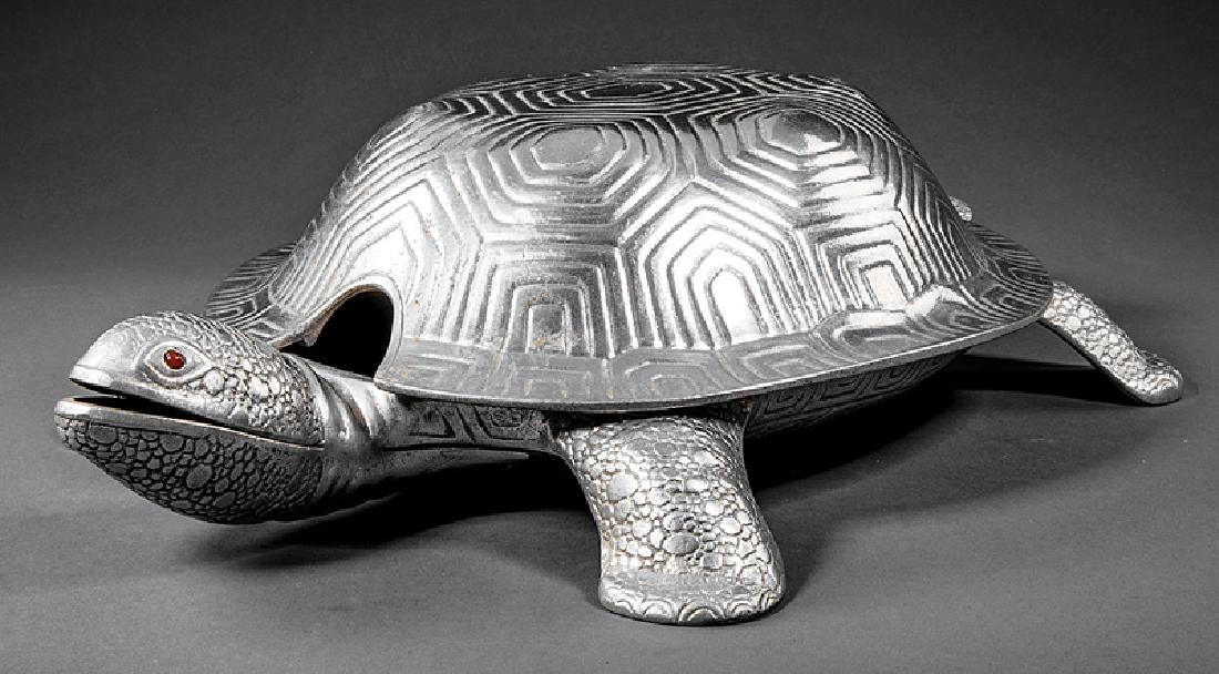 Arthur Court Hammered Aluminum Serving Dish: Arthur Court Hammered Aluminum Turtle Covered Serving Dish, 1979, stamped and dated on base, glass eyes, lacking interior liner and spoon from original design (2 pcs.), h. 5 1/2 in., w. 23 in., d. 14 