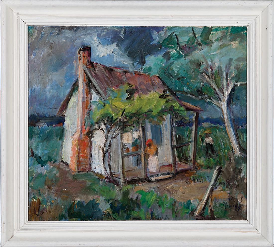 Alberta Kinsey (American/Louisiana, 1875-1952): Alberta Kinsey (American/Louisiana, 1875-1952), "Clementine Hunter at her Cabin, Melrose Plantation", oil on canvas, signed lower right, pencil-inscriptions with title and provenance en verso, 15 in. 