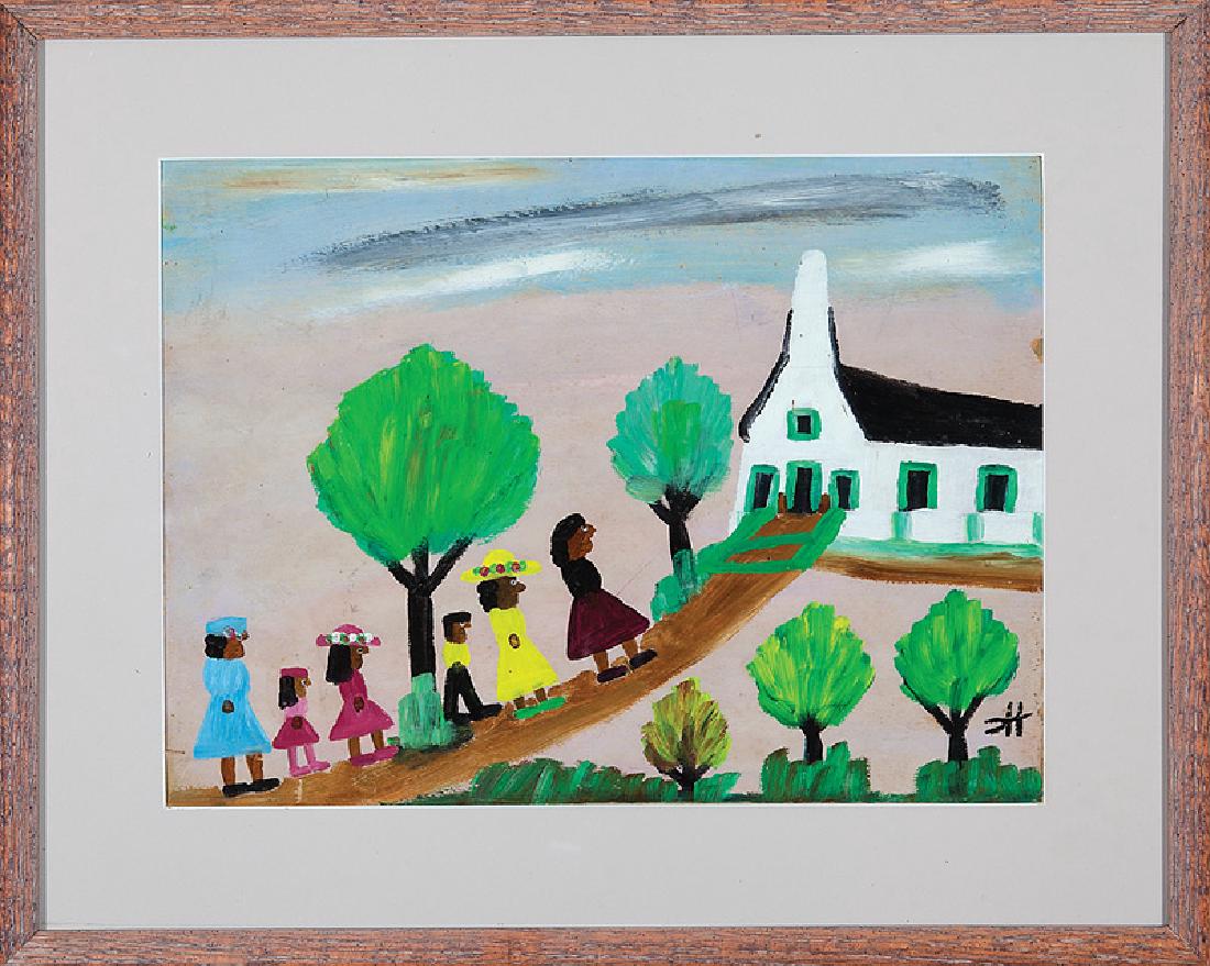 Clementine Hunter (American/Louisiana, 1886-1988): Clementine Hunter (American/Louisiana, 1886-1988), "Goin' to Church", oil on board, monogrammed lower right, 12 in. x 16 in., framed