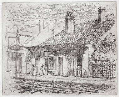 Ellsworth Woodward (American/Louisiana, 1861-1939): Ellsworth Woodward (American/Louisiana, 1861-1939), "Gossip (Boyer 33, fig. 10)", 1932, "Rue Dumaine, Spanish Cottage (Boyer 75)", and "Old Spanish Courthouse II (Boyer 63)", 3 etchings on paper, each