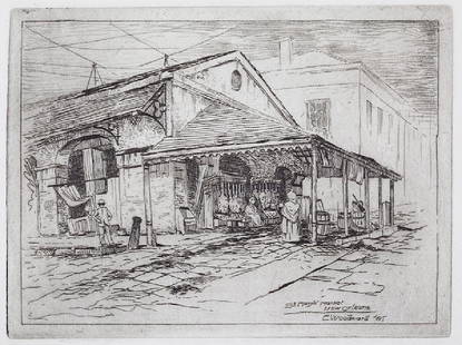 Ellsworth Woodward (American/Louisiana, 1861-1939): Ellsworth Woodward (American/Louisiana, 1861-1939), "Oldest French Market (Boyer 58, fig. 3)", "St. Mary's Market, New Orleans (Boyer 78, fig. 2)", 1887, and "Old French Market, Dumaine and St. Philip