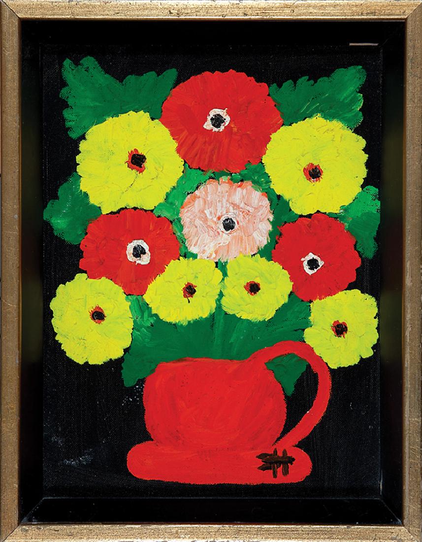 Clementine Hunter (American/Louisiana, 1886-1988): Clementine Hunter (American/Louisiana, 1886-1988), "Still Life of Zinnias", oil on canvas board, monogrammed lower right, article about the artist en verso, 12 in. x 9 in., framed