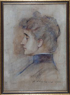 Ellsworth Woodward (American/Louisiana, 1861-1939): Ellsworth Woodward (American/Louisiana, 1861-1939), "Portrait of Grace King", 1902, watercolor and graphite on board, signed and dated lower right, handwritten inscription identifying sitter en verso,