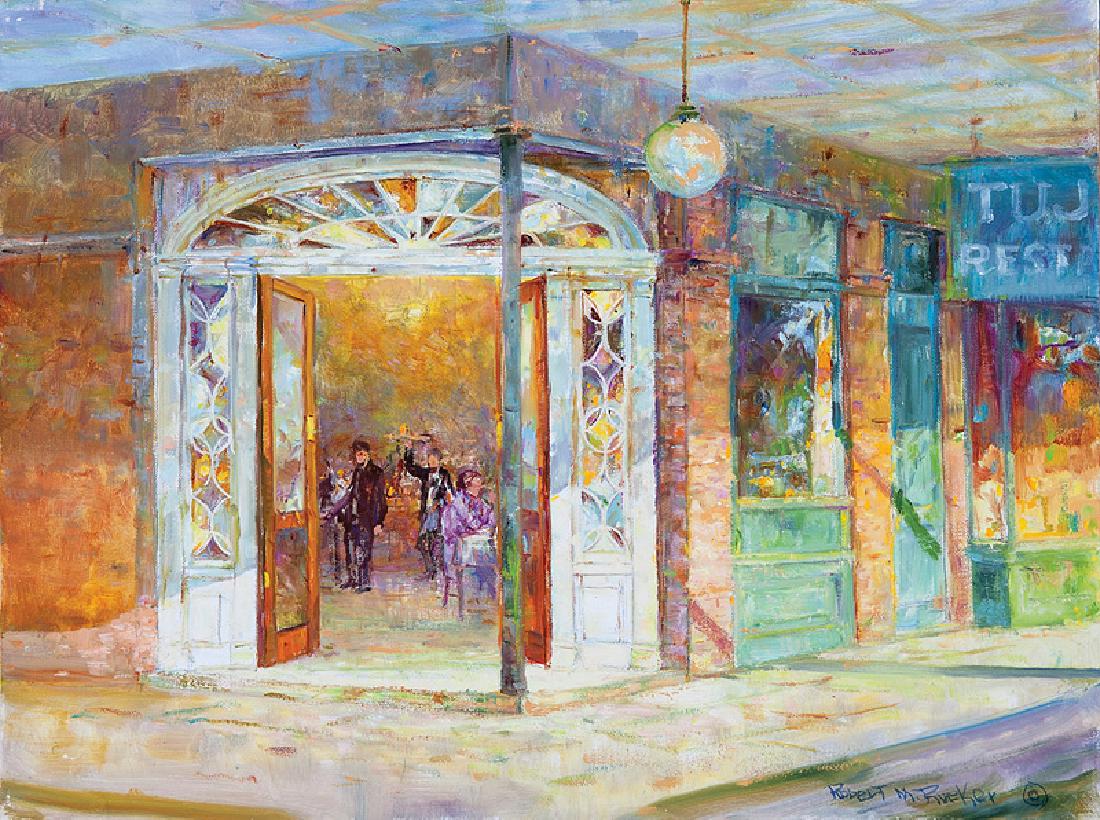 Robert Malcolm Rucker (American/Louisiana, 1932-2001): Robert Malcolm Rucker (American/Louisiana, 1932-2001), "Tujague's Restaurant, Decatur St., French Quarter", oil on canvas, signed lower right, 18 in. x 24 in., unframed
