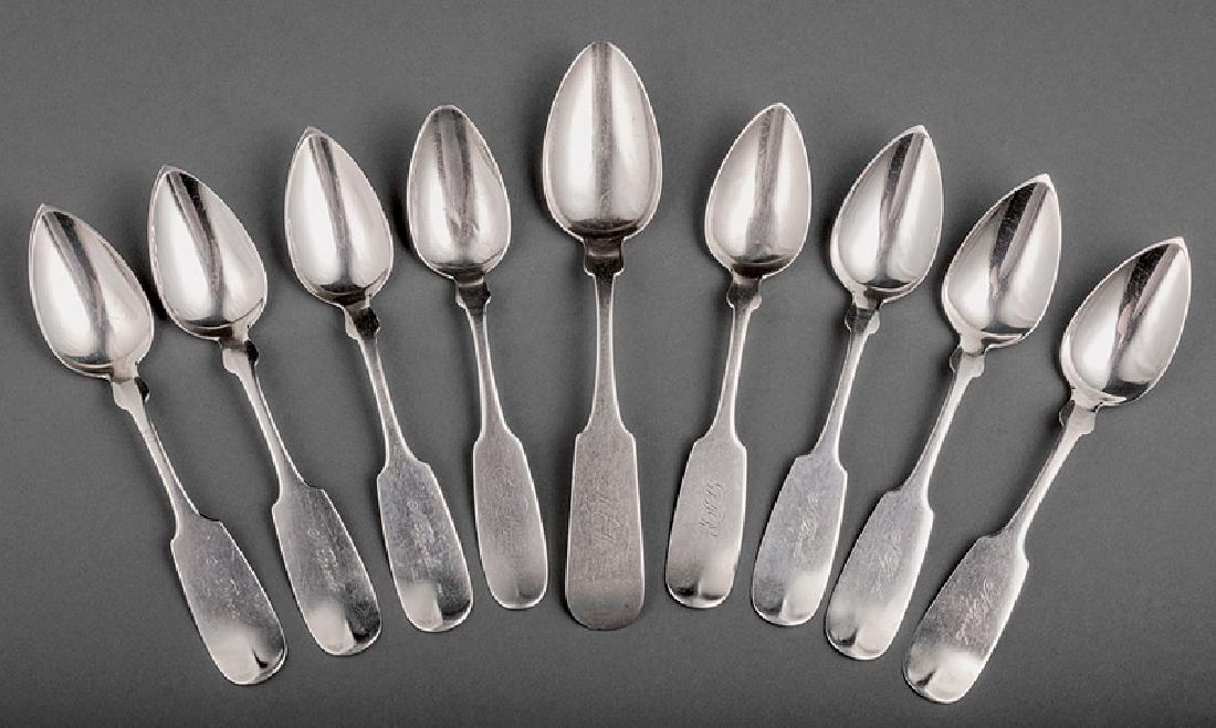 Group of Mobile Coin Silver Spoons, Conning: Group of Mobile Coin Silver Spoons, James Conning (1813-1872), act. Mobile 1840-1872, marked "J.CONNING" in rectangle and "MOBILE" in rectangle, including 8 teaspoons and 1 dessert spoon, 6 of the tea