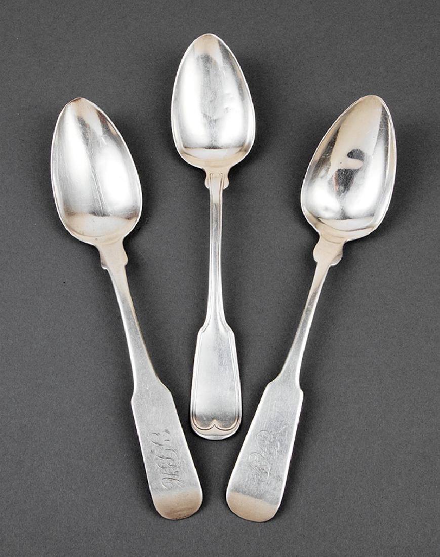 Three Natchez Coin Silver Tablespoons, Profilet: Three Natchez Coin Silver Tablespoons, Louis Emile Gustave Profilet (1801-1868), act. New Orleans 1822, Natchez 1823-1868; incl. 2 with downturned fiddle typt handles, marked "E.PROFILET" in rectangle