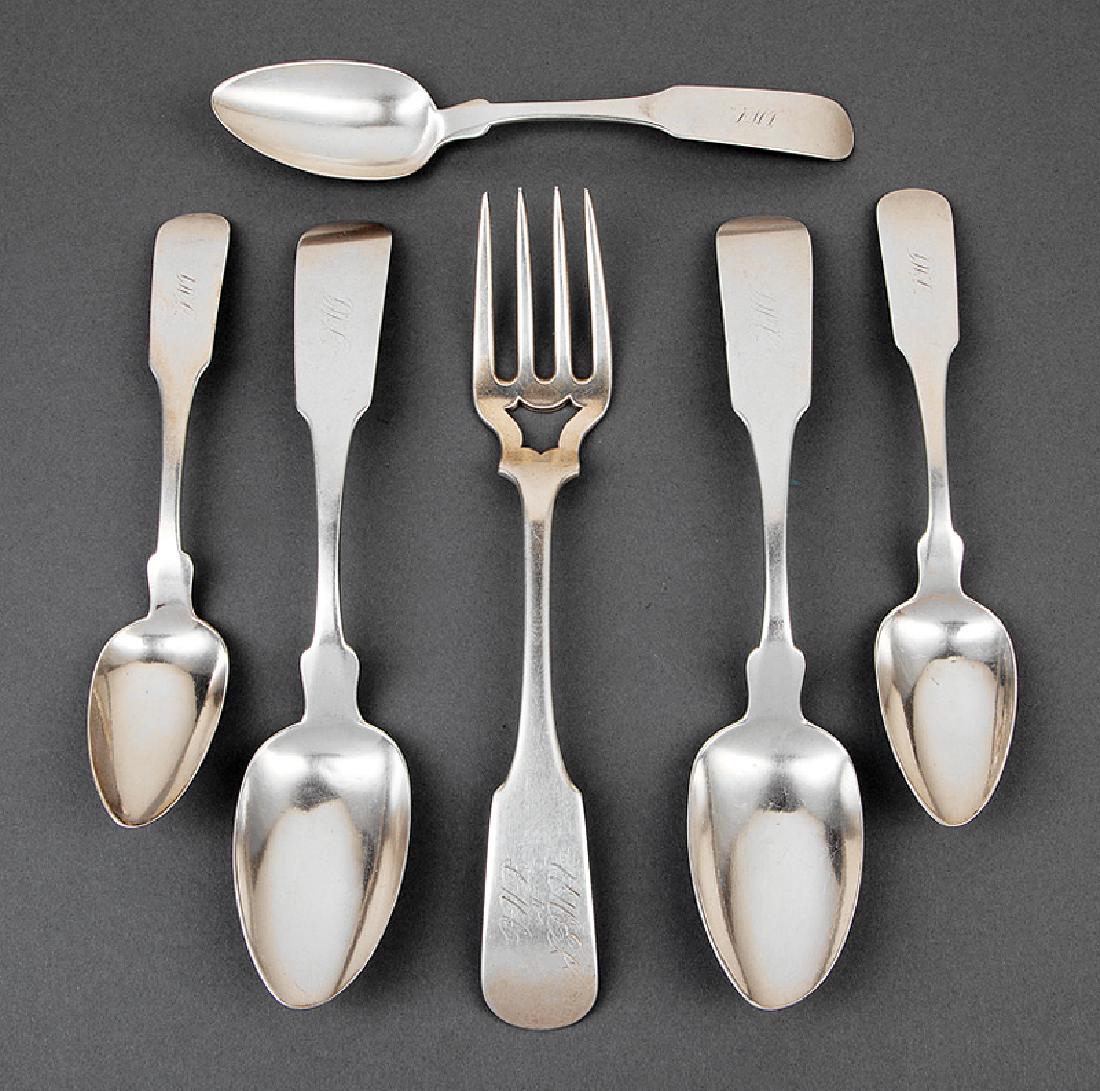 Group of Charleston Coin Silver Flatware: Good Group of Charleston Coin Silver Flatware, incl. cold meat fork, John Ewan (1786-1852), wc. 1823-1852, marked "J.EWAN" in serrated rectangle flanked by pseudo hallmarks, downturned fiddle typt han
