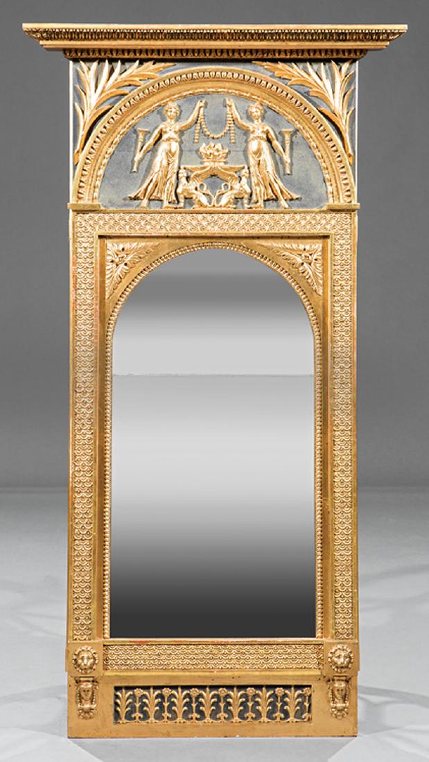 Rare Gustavian Carved and Gilded Mirror: Rare Gustavian Carved and Gilded Mirror, late 18th/early 19th c., outset egg and dart cornice, arched panel with classical figures, flanked by foliate relief, scale motif surround, divided beveled mir